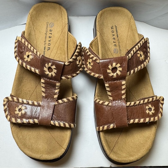 Aragon Comfort Engineering By New Balance Brown Leather Slip On Sandals - Picture 2 of 10